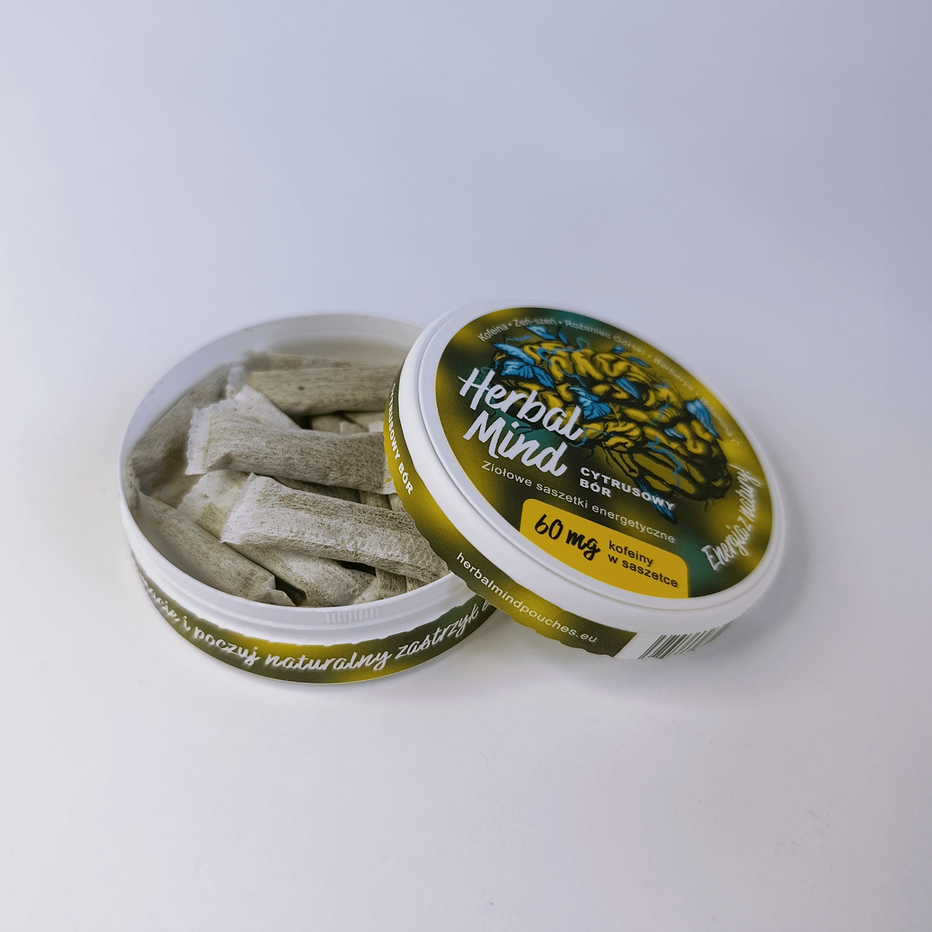 Snusy kofeinowe - HerbalMind Cytrusowy Bór - opakowanie otwarte