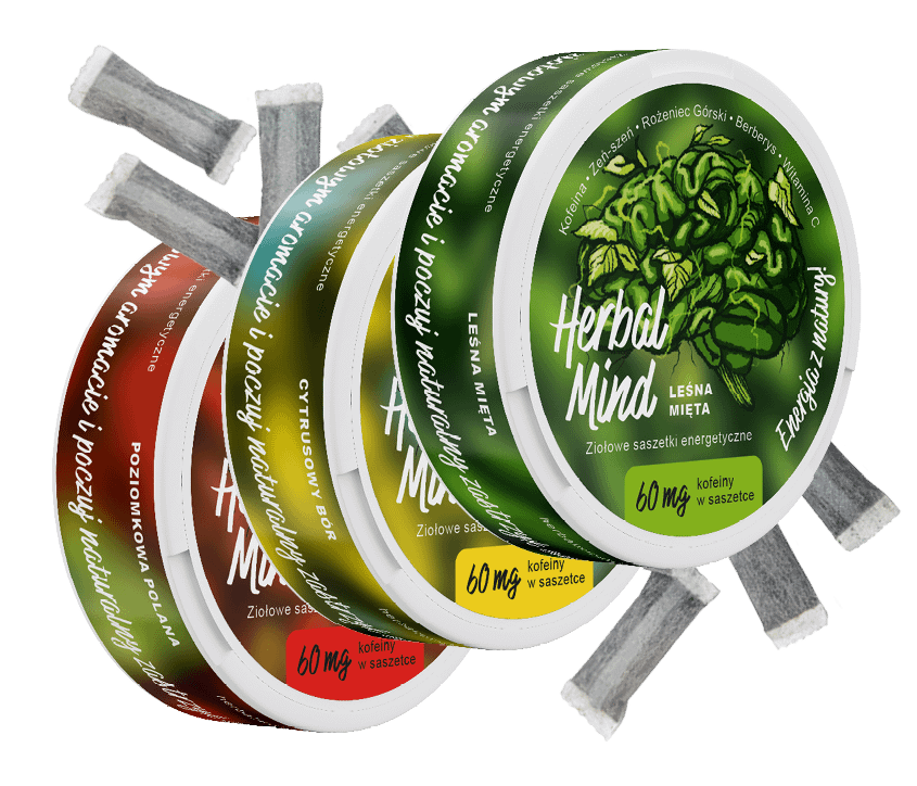 Snusy kofeinowe HerbalMind 3 smaki razem z pokazaniem saszetek