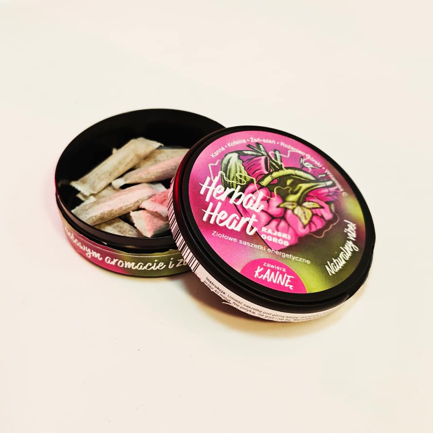 HerbalHeart Rajski Ogród - Ziołowe woreczki z Kanna (Sceletium tortuosum) - otwarte pudełko